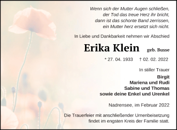 Traueranzeige von Erika Klein von Pasewalker Zeitung