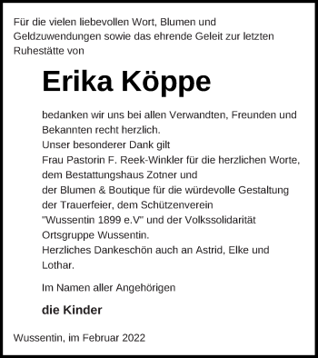 Traueranzeige von Erika Köppe von Vorpommern Kurier