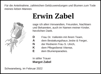 Traueranzeige von Erwin Zabel von Prenzlauer Zeitung