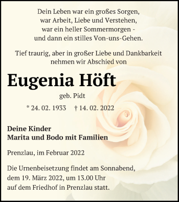 Traueranzeige von Eugenia Höft von Mecklenburger Schweiz