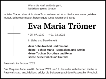 Traueranzeige von Eva Maria Trömer von Pasewalker Zeitung