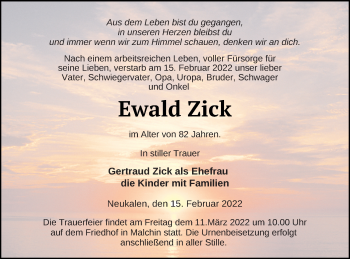 Traueranzeige von Ewald Zick von Mecklenburger Schweiz