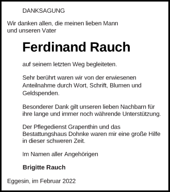 Traueranzeige von Ferdinand Rauch von Haff-Zeitung