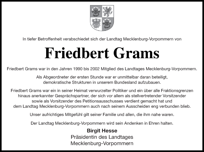  Traueranzeige für Friedbert Grams vom 26.02.2022 aus Haff-Zeitung