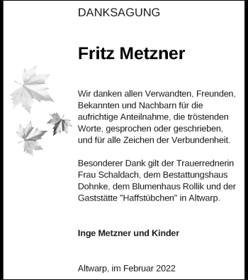 Traueranzeige von Fritz Metzner von Haff-Zeitung