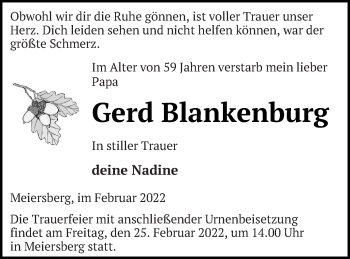 Traueranzeige von Gerd Blankenburg von Haff-Zeitung