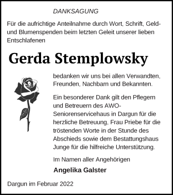 Traueranzeige von Gerda Stemplowsky von Mecklenburger Schweiz