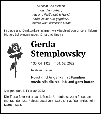 Traueranzeige von Gerda Stemplowsky von Mecklenburger Schweiz