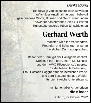 Traueranzeige von Gerhard Werth von Müritz-Zeitung