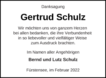 Traueranzeige von Gertrud Schulz von Strelitzer Zeitung