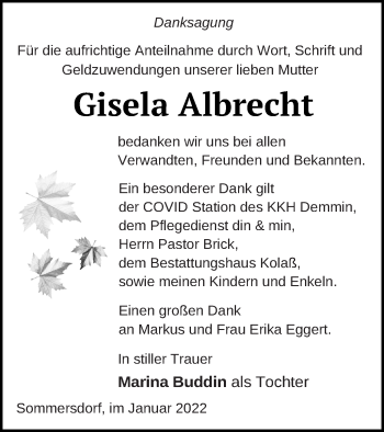 Traueranzeige von Gisela Albrecht von Demminer Zeitung