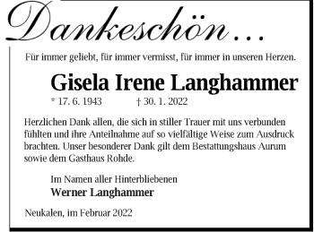 Traueranzeige von Gisela Irene Langhammer von Mecklenburger Schweiz