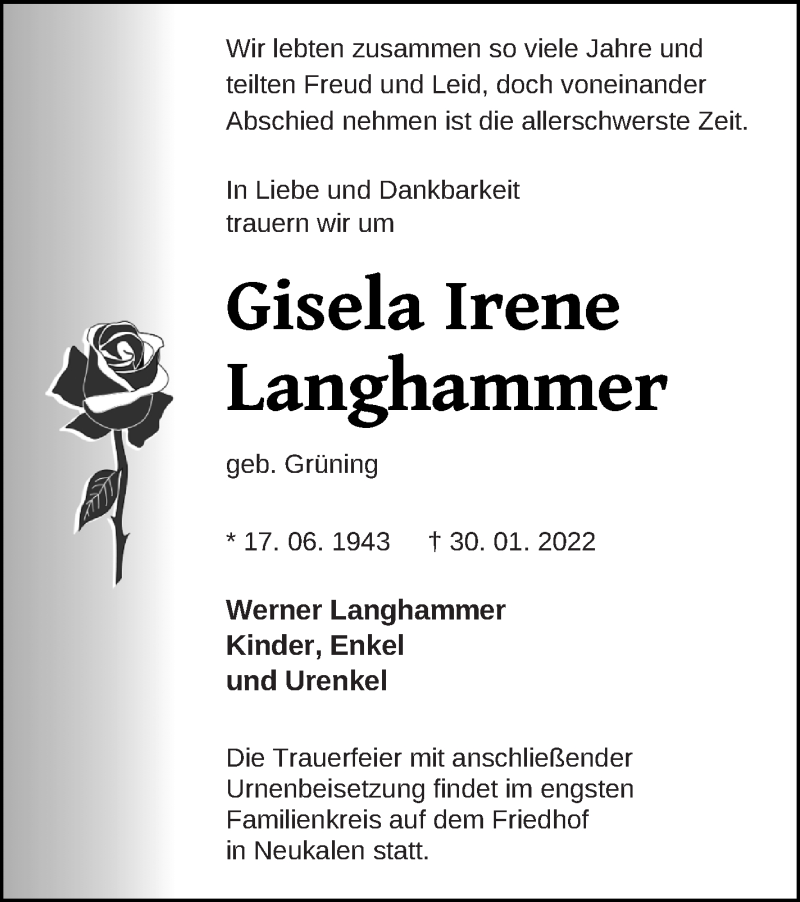  Traueranzeige für Gisela Irene Langhammer vom 08.02.2022 aus Mecklenburger Schweiz