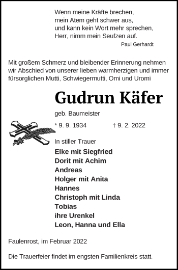 Traueranzeige von Gudrun Käfer von Mecklenburger Schweiz