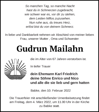 Traueranzeige von Gudrun Mailahn von Strelitzer Zeitung