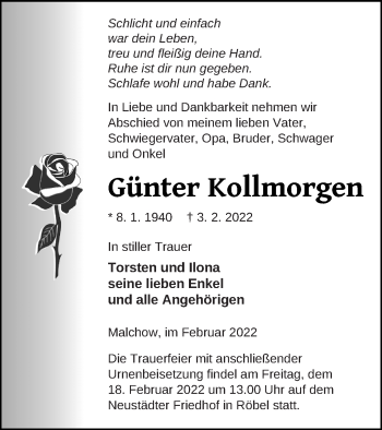 Traueranzeige von Günter Kollmorgen von Müritz-Zeitung