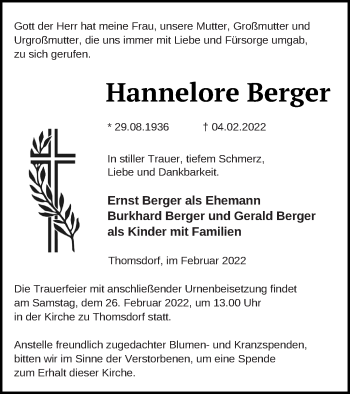 Traueranzeige von Hannelore Berger von Templiner Zeitung