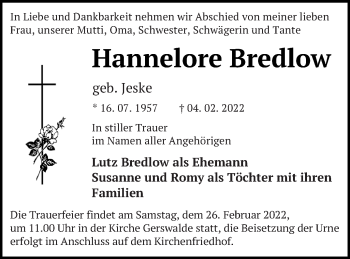 Traueranzeige von Hannelore Bredlow von Müritz-Zeitung