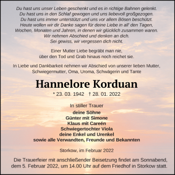 Traueranzeige von Hannelore Korduan von Templiner Zeitung