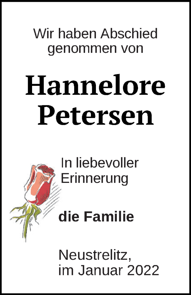  Traueranzeige für Hannelore Petersen vom 18.02.2022 aus Strelitzer Zeitung