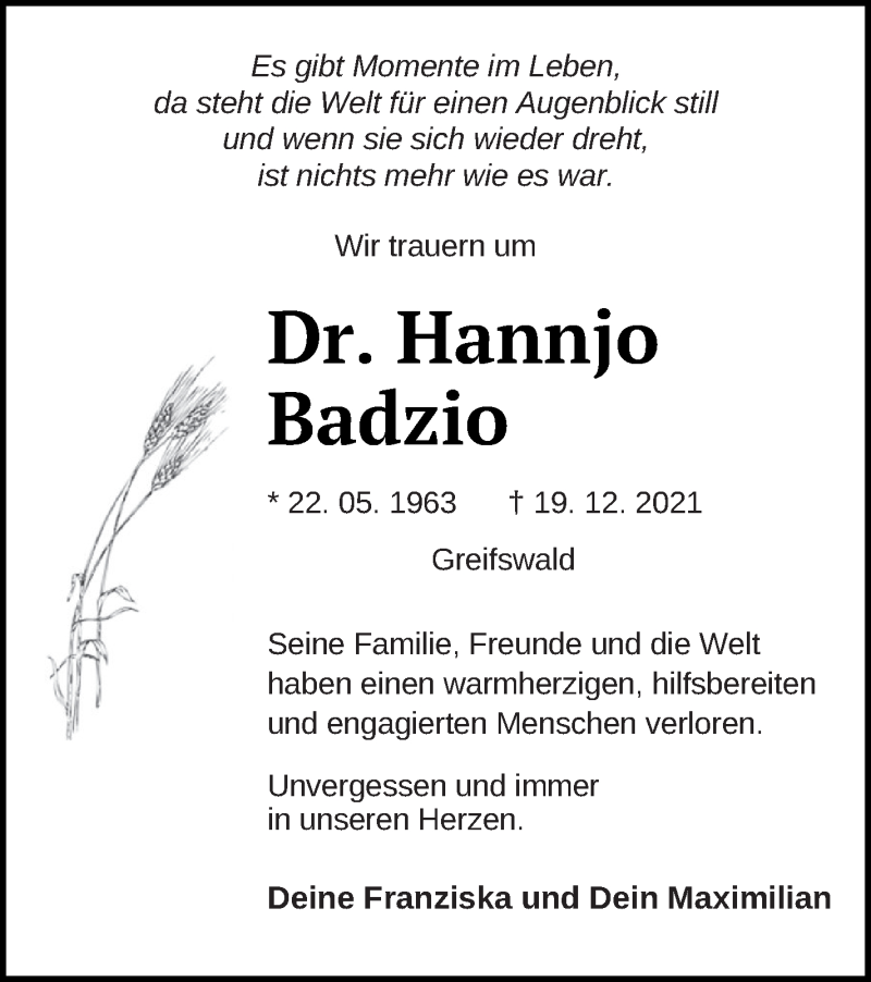  Traueranzeige für Hannjo Badzio vom 05.02.2022 aus Haff-Zeitung