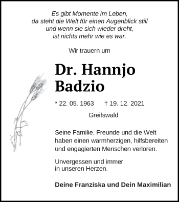 Traueranzeige von Hannjo Badzio von Haff-Zeitung