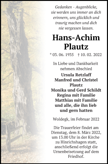 Traueranzeige von Hans-Achim Plautz von Strelitzer Zeitung