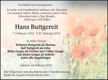 Traueranzeige von Hans Buttgereit von Vorpommern Kurier