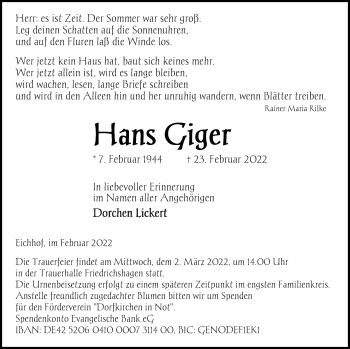 Traueranzeige von Hans Giger von Haff-Zeitung