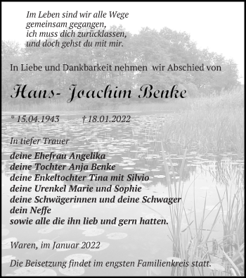 Traueranzeige von Hans-Joachim Benke von Müritz-Zeitung