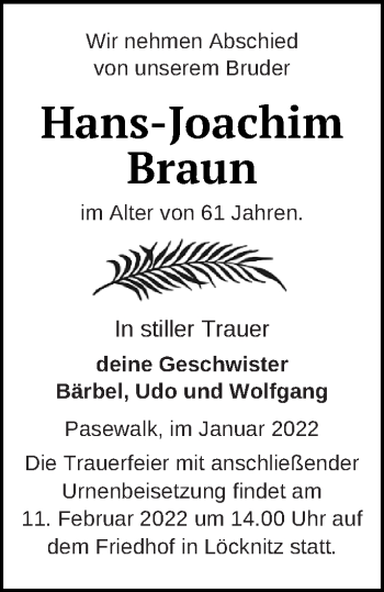 Traueranzeige von Hans-Joachim Braun von Pasewalker Zeitung