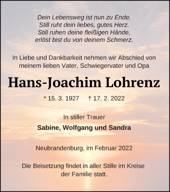 Traueranzeige von Hans-Joachim Lohrenz von Neubrandenburger Zeitung