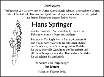 Traueranzeige von Hans Springer von Vorpommern Kurier