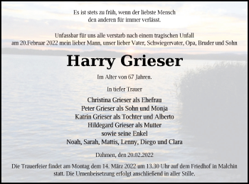 Traueranzeige von Harry Grieser von Mecklenburger Schweiz