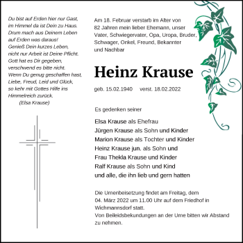 Traueranzeige von Heinz Krause von Templiner Zeitung