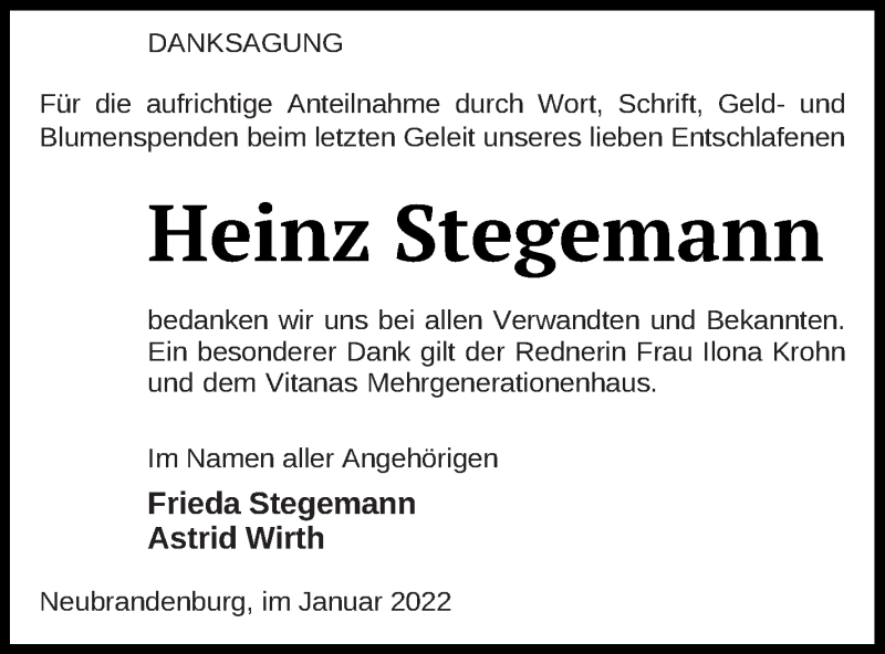  Traueranzeige für Heinz Stegemann vom 04.02.2022 aus Neubrandenburger Zeitung