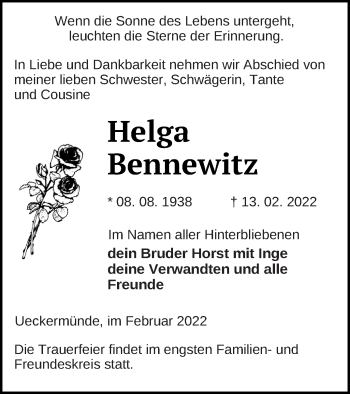 Traueranzeige von Helga Bennewitz von Haff-Zeitung