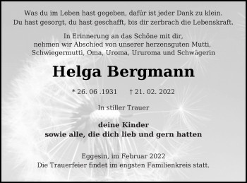 Traueranzeige von Helga Bergmann von Haff-Zeitung