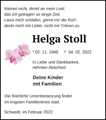 Traueranzeige von Helga Stoll von Müritz-Zeitung