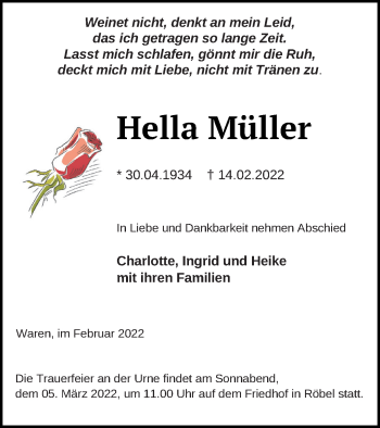 Traueranzeige von Hella Müller von Müritz-Zeitung