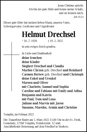 Traueranzeige von Helmut Drechsel von Templiner Zeitung