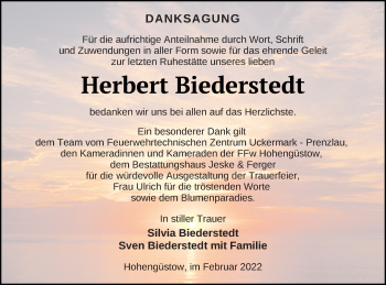 Traueranzeige von Herbert Biederstedt von Prenzlauer Zeitung