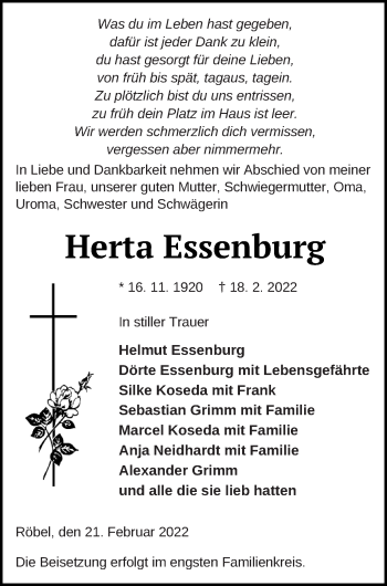 Traueranzeige von Herta Essenburg von Müritz-Zeitung