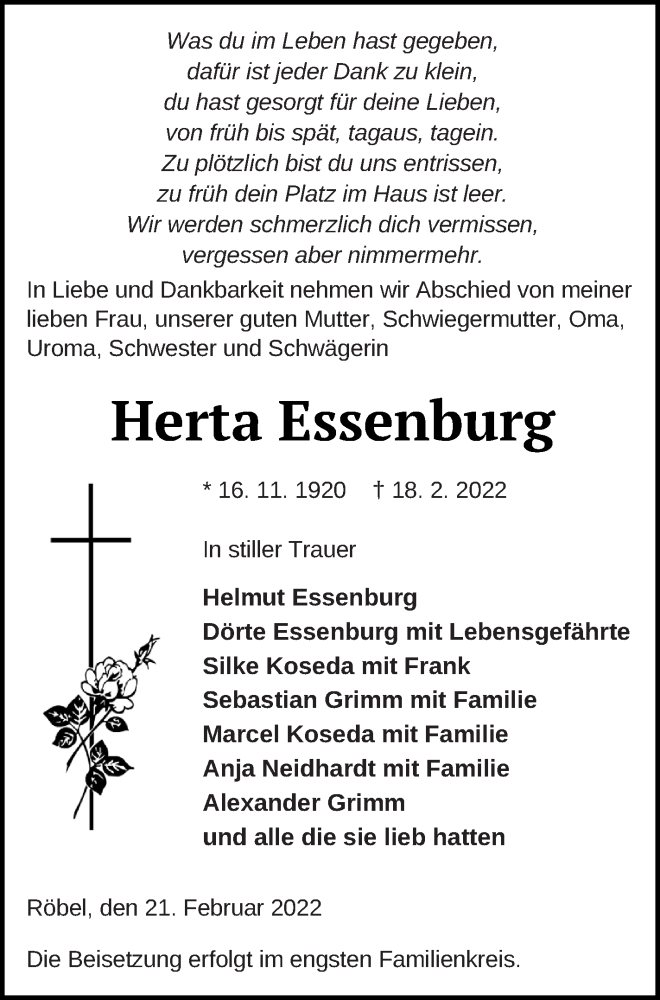  Traueranzeige für Herta Essenburg vom 25.02.2022 aus Müritz-Zeitung