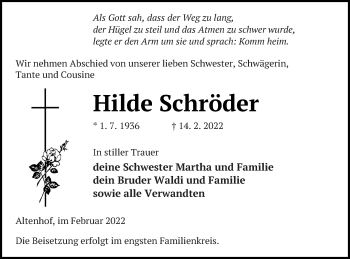 Traueranzeige von Hilde Schröder von Müritz-Zeitung