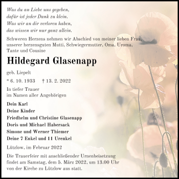 Traueranzeige von Hildegard Glasenapp von Prenzlauer Zeitung