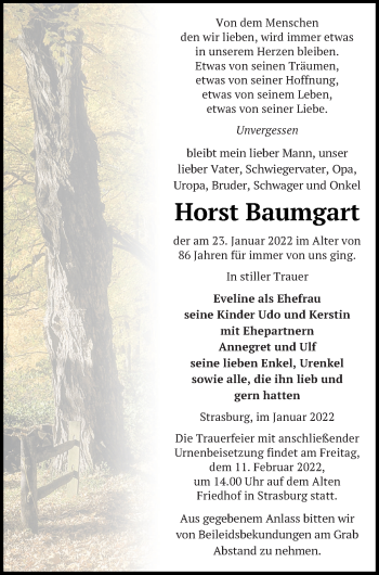 Traueranzeige von Horst Baumgart von Pasewalker Zeitung