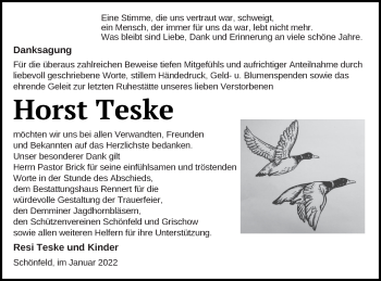 Traueranzeige von Horst Teske von Demminer Zeitung