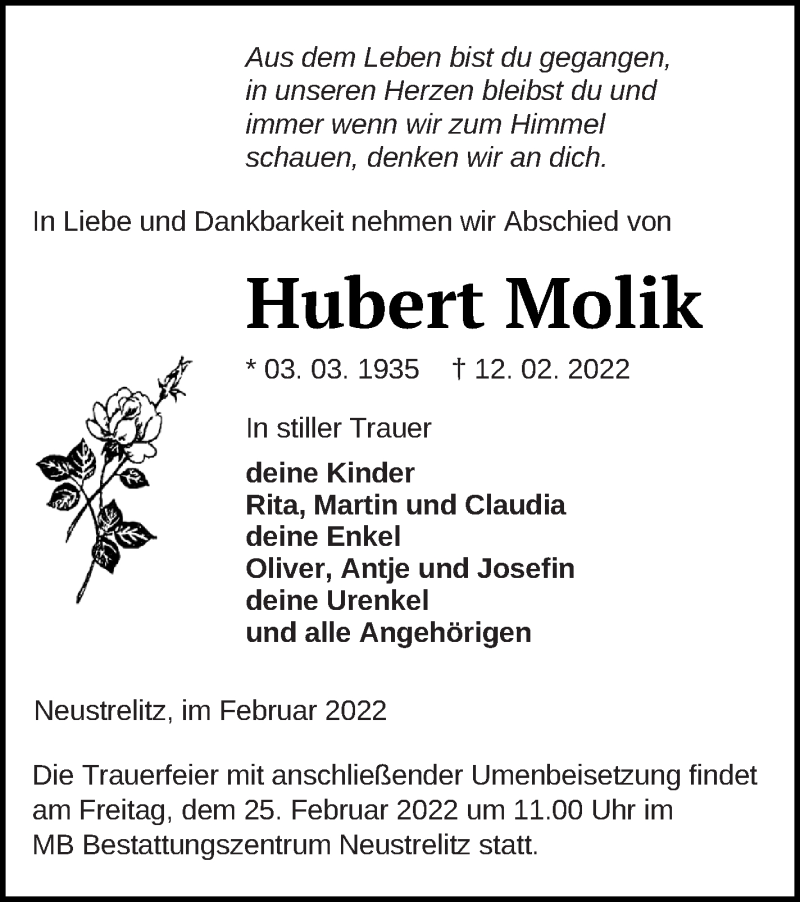  Traueranzeige für Hubert Molik vom 16.02.2022 aus Strelitzer Zeitung