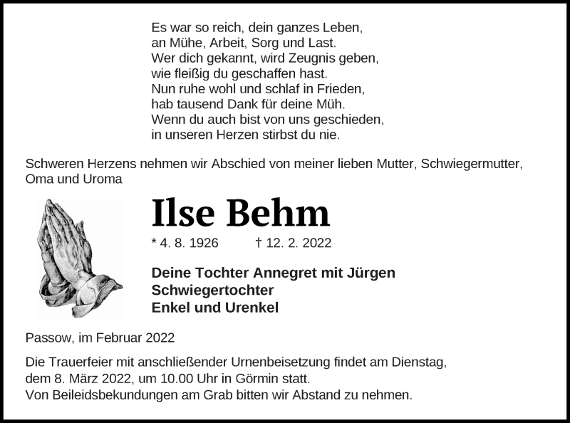  Traueranzeige für Ilse Behm vom 22.02.2022 aus Vorpommern Kurier